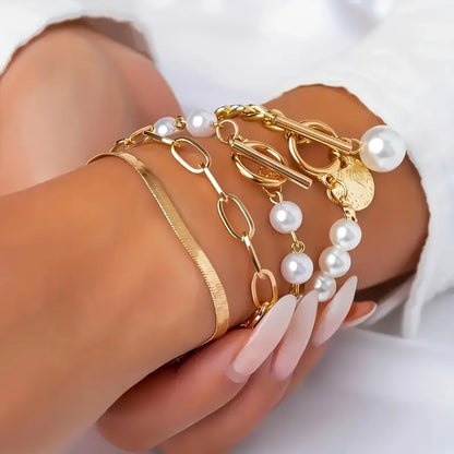 Chic Gull 4-Piece Armbånd Sett - Slange, Perler & Lenker | Gull