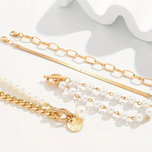 Chic Gull 4-Piece Armbånd Sett - Slange, Perler & Lenker | Gull