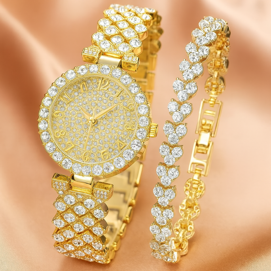 Luxe Radiance Gull Klokke & Armbånd Sett | Gull