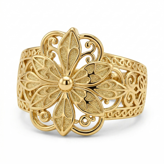 Vintage Inspirert Blomst Ring | Gull