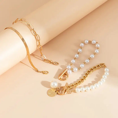 Chic Gull 4-Piece Armbånd Sett - Slange, Perler & Lenker | Gull