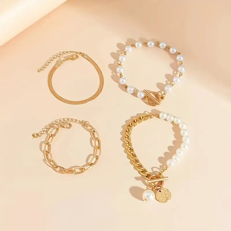 Chic Gull 4-Piece Armbånd Sett - Slange, Perler & Lenker | Gull